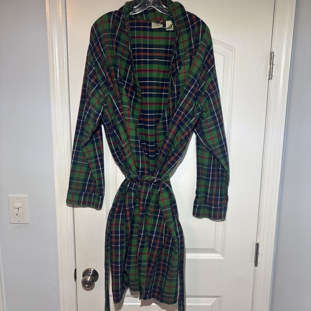 Vintage LL Bean Mens Large Plaid Flannel Belted Robe Pocket & Pants Combo Read - Picture 2 of 7